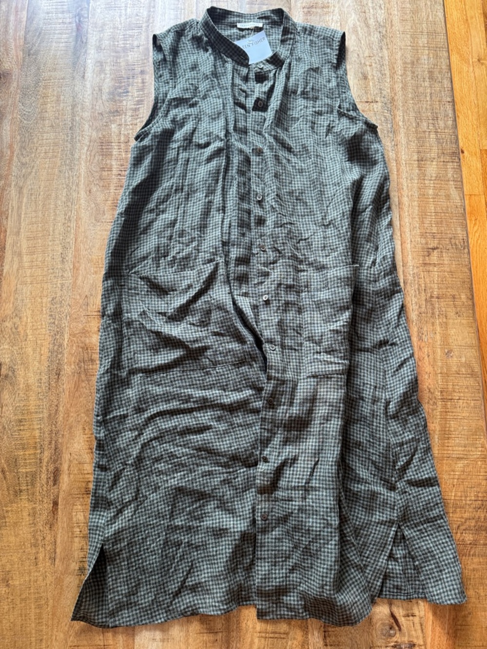 Eileen Fisher Puckered Organic Linen Sleeveless Button Up Dress in Green Gingham